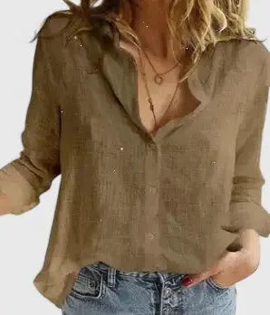 Women’s lightweight linen blouse with soft relaxed fit and button-down design, stylish and breathable for casual wear.