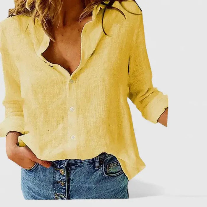 Women's lightweight linen blouse by LondonLaneStore featuring a soft, relaxed fit and button-down design.