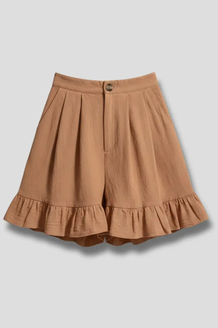 Women's lightweight ruffle hem shorts with high waist, stylish summer bottoms in a playful design by LondonLaneStore.