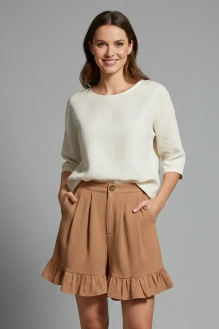 Women's lightweight ruffle hem shorts with high waist, stylish summer bottoms, featuring playful design and comfortable fit by LondonLaneStore.