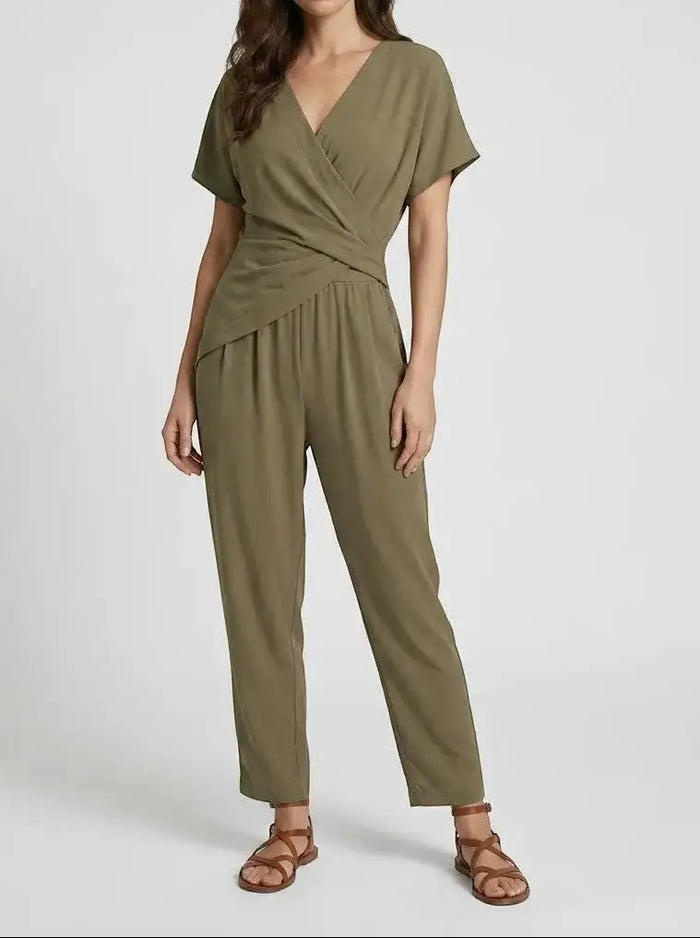 Women's lightweight two-piece set featuring an elegant wrap-front top and tailored trousers from LondonLaneStore.