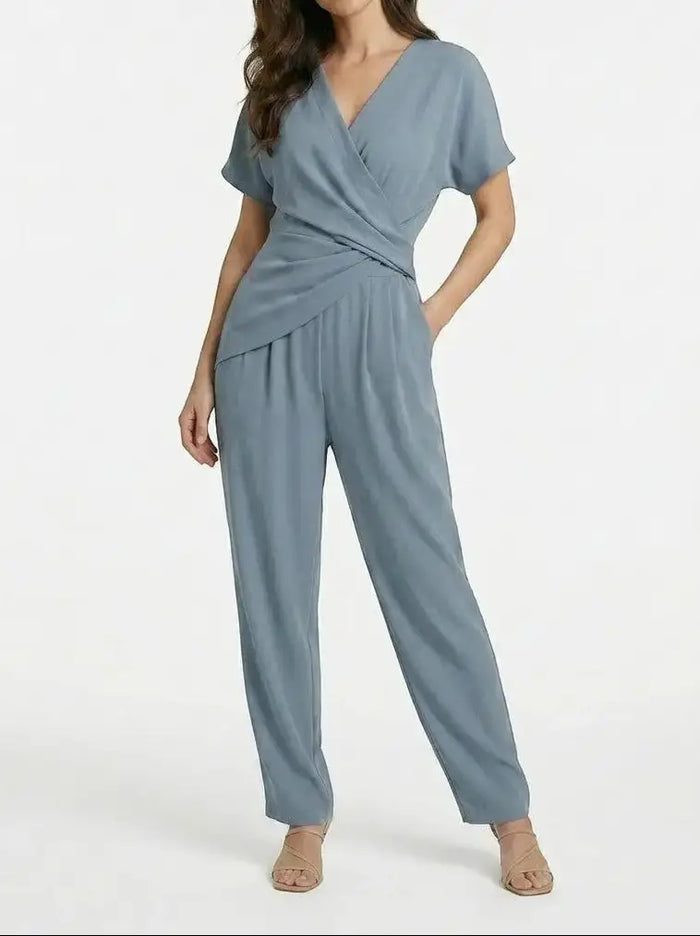 Women's lightweight two-piece set featuring an elegant wrap-front top and tailored trousers from LondonLaneStore.