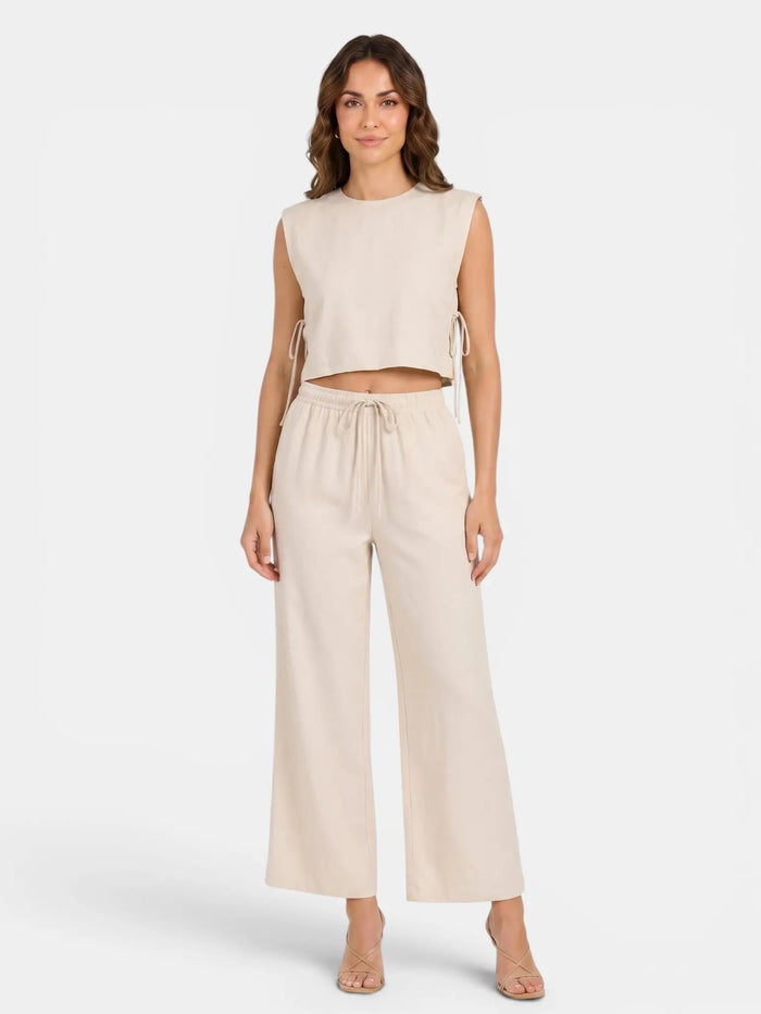 Women's Linen Blend Sleeveless Crop Top Set | Tailored Wide Leg Trousers | Elegant Summer Outfit LondonLaneStore