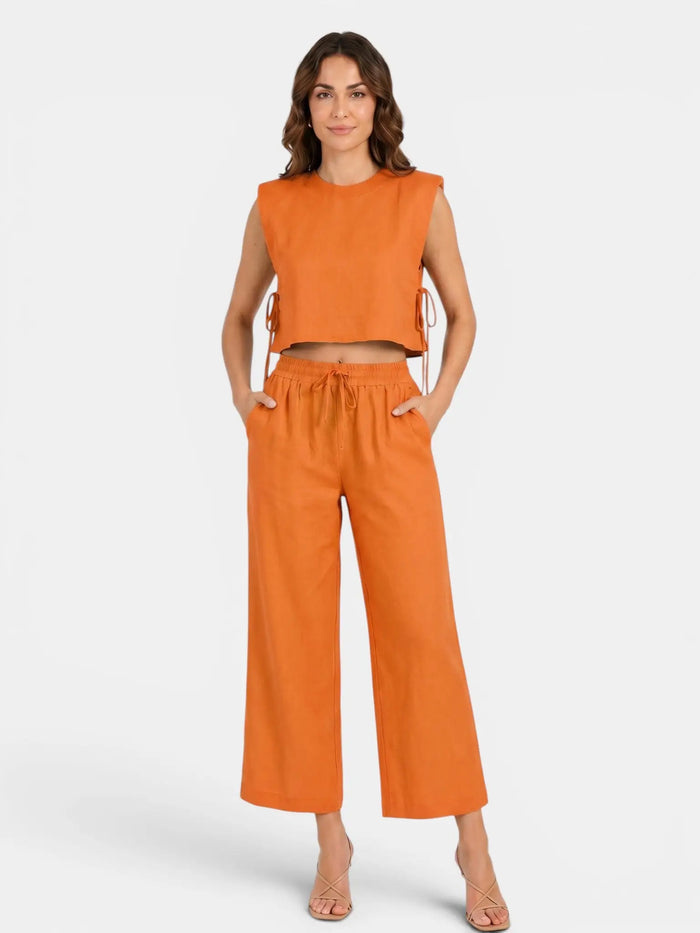 Women's Linen Blend Sleeveless Crop Top Set | Tailored Wide Leg Trousers | Elegant Summer Outfit LondonLaneStore