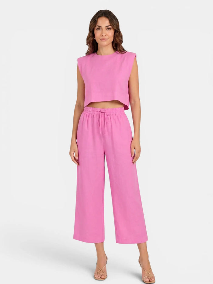 Women's Linen Blend Sleeveless Crop Top Set | Tailored Wide Leg Trousers | Elegant Summer Outfit LondonLaneStore