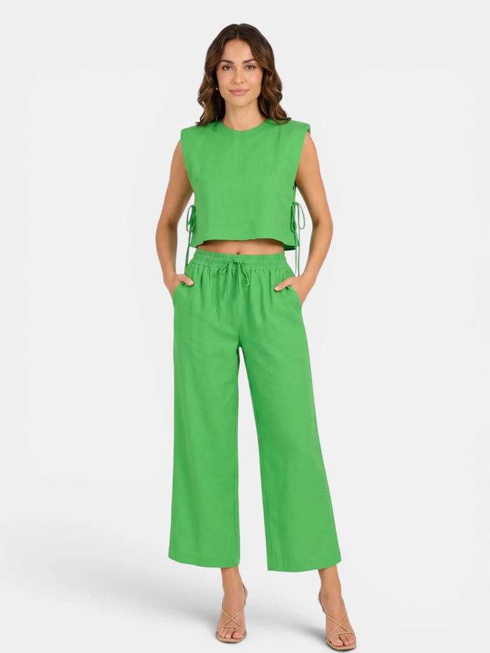 Women's Linen Blend Sleeveless Crop Top Set | Tailored Wide Leg Trousers | Elegant Summer Outfit LondonLaneStore