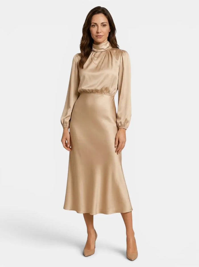 Women's lustrous midi dress with high neck, flared design, elegant style, perfect for cocktail events, by LondonLaneStore.