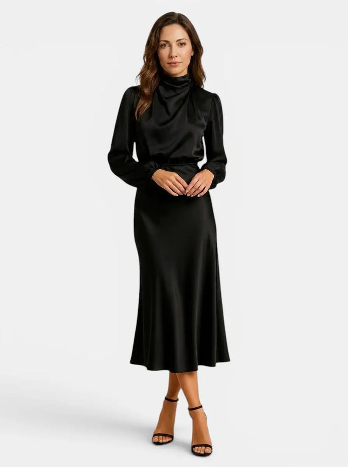 Women's lustrous midi dress by LondonLaneStore featuring an elegant high neck and flared cocktail dress design.