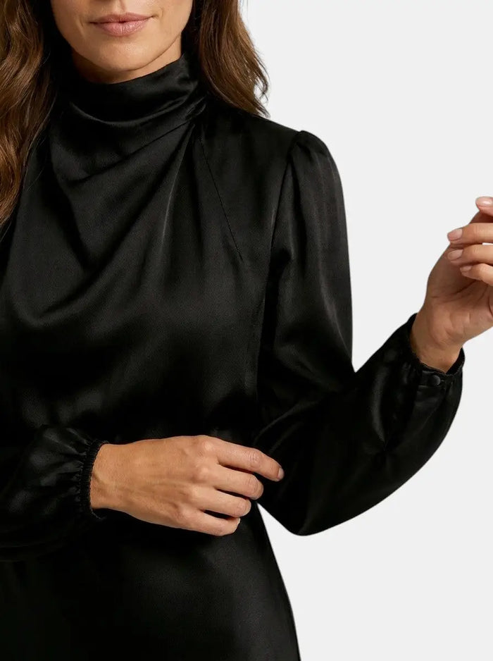 Women's lustrous midi dress by LondonLaneStore featuring an elegant high neck and flared silhouette for stylish occasions.