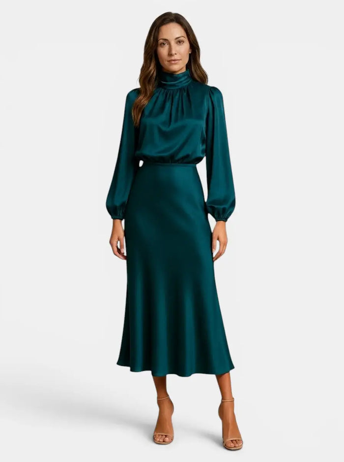 Elegant women's lustrous midi dress with high neck and flared skirt, perfect for cocktail events, by LondonLaneStore.