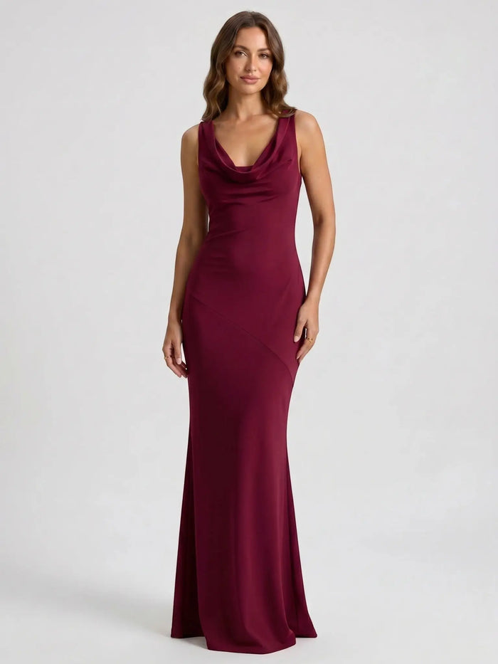 Elegant black satin maxi dress for women featuring a cowl neck, perfect for formal occasions, by LondonLaneStore.