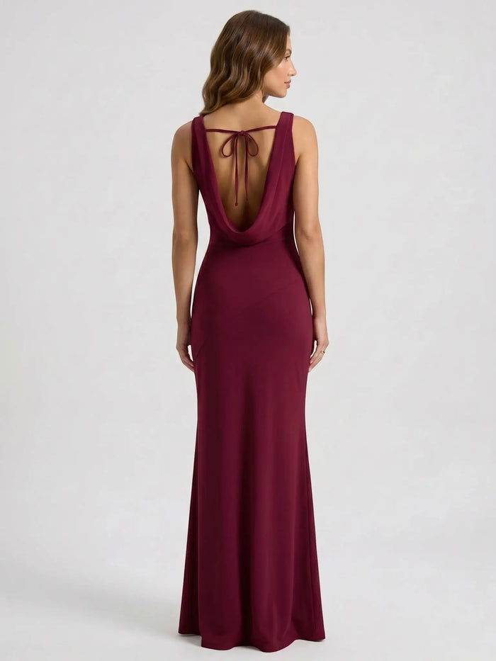 Elegant black satin maxi dress for women with a cowl neck, stylish formal gown by LondonLaneStore.