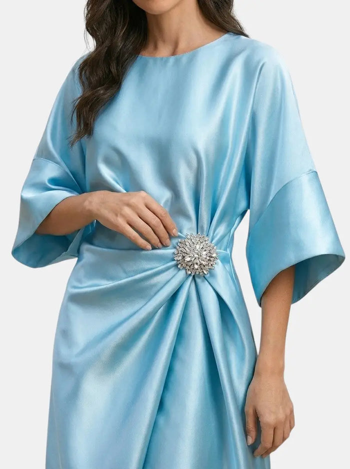 Elegant women's Luxurious Shine Maxi Dress by LondonLaneStore, featuring a flowing long formal evening gown with a shiny, sophisticated finish.