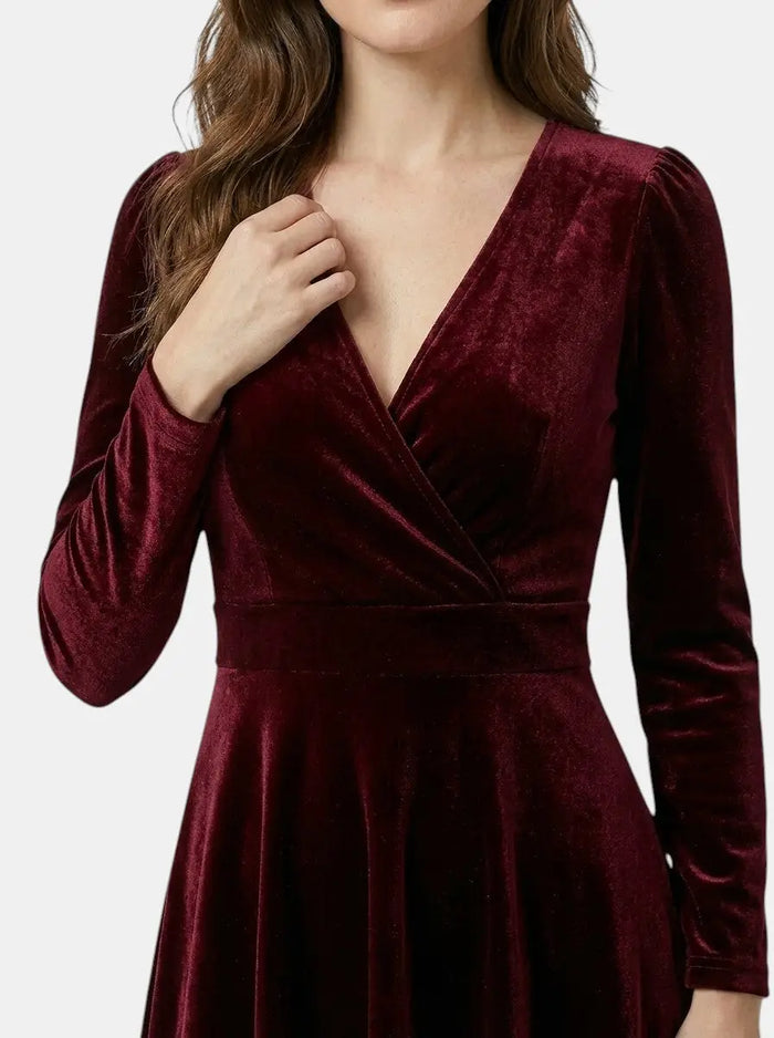 Elegant red velvet flare dress for women, featuring a luxurious evening gown design perfect for formal occasions.