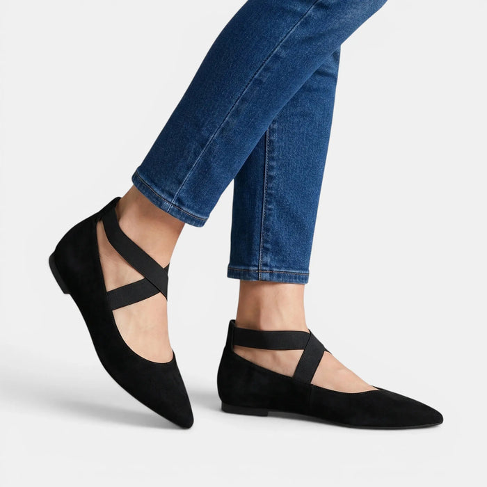 Women's Matte Black Ballet Flats | Chic Pointed Toe Ankle Strap Shoes LondonLaneStore