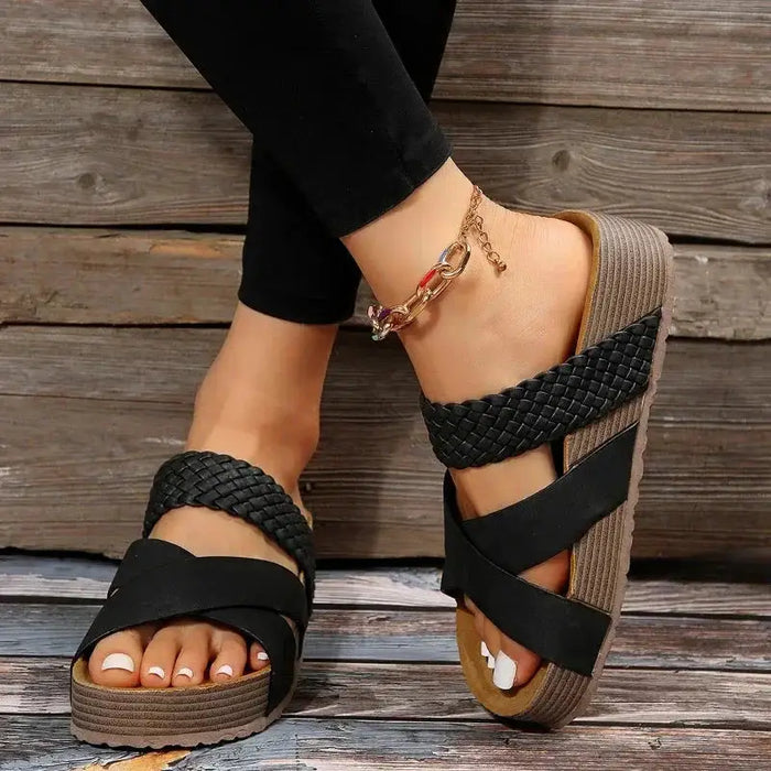 Women's matte platform orthopedic sandals with stylish criss-cross open toe design, featuring comfortable footbed and ankle straps.