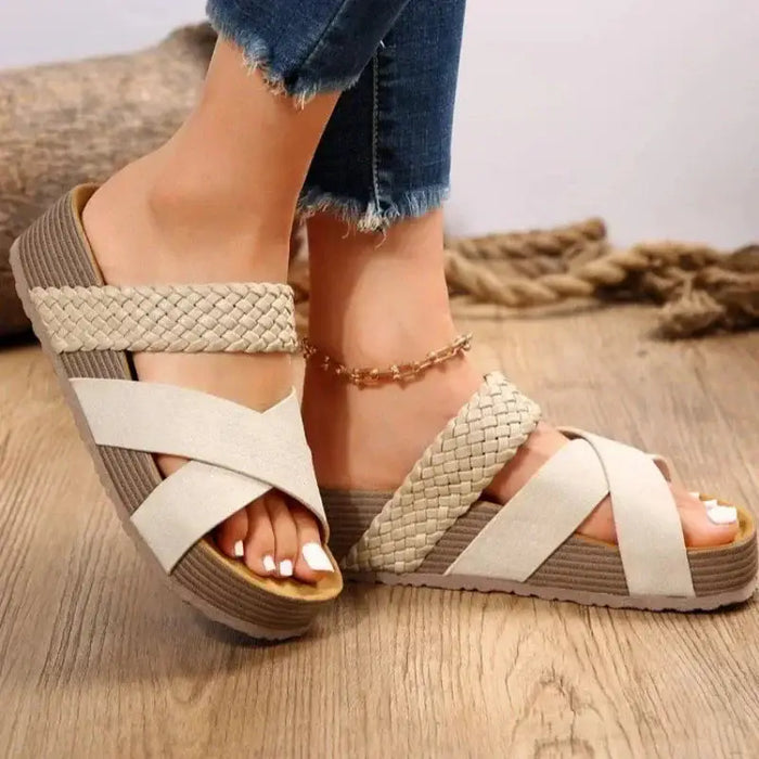 Women's matte platform orthopedic sandals with stylish criss-cross open toe design, featuring a comfortable footbed and ankle straps.