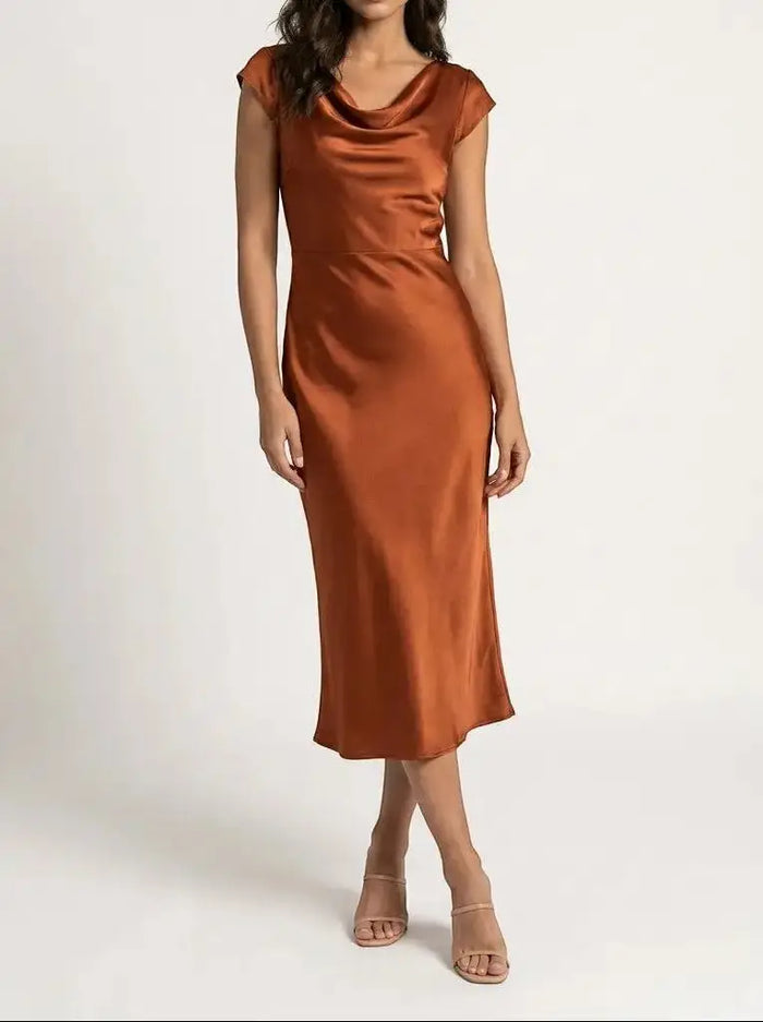 Elegant women's minimalist midi slip dress by LondonLaneStore, flowing summer dress suitable for cocktail events.
