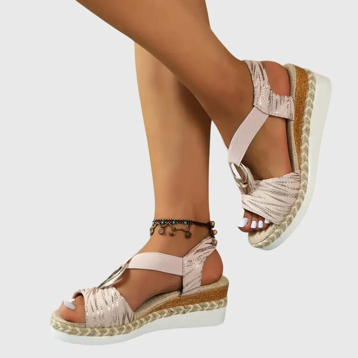 Women's natural fabric wedge sandals with slingback design and espadrille sole, orthopedic support, stylish and comfortable.