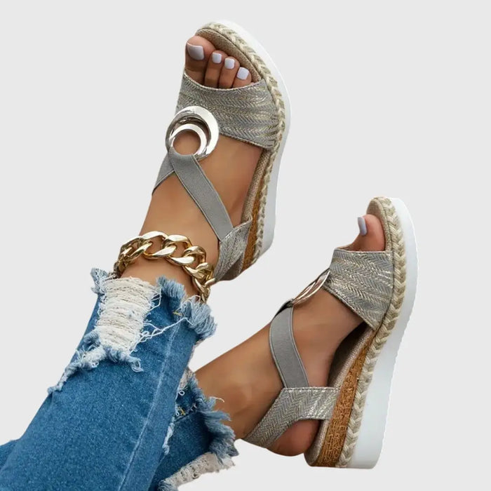Women's natural fabric wedge sandals with slingback design, orthopedic support, and espadrille style for comfortable wear.
