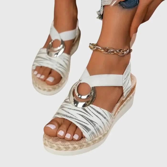Women's natural fabric wedge sandals with slingback design and espadrille style, featuring orthopedic support for comfort.