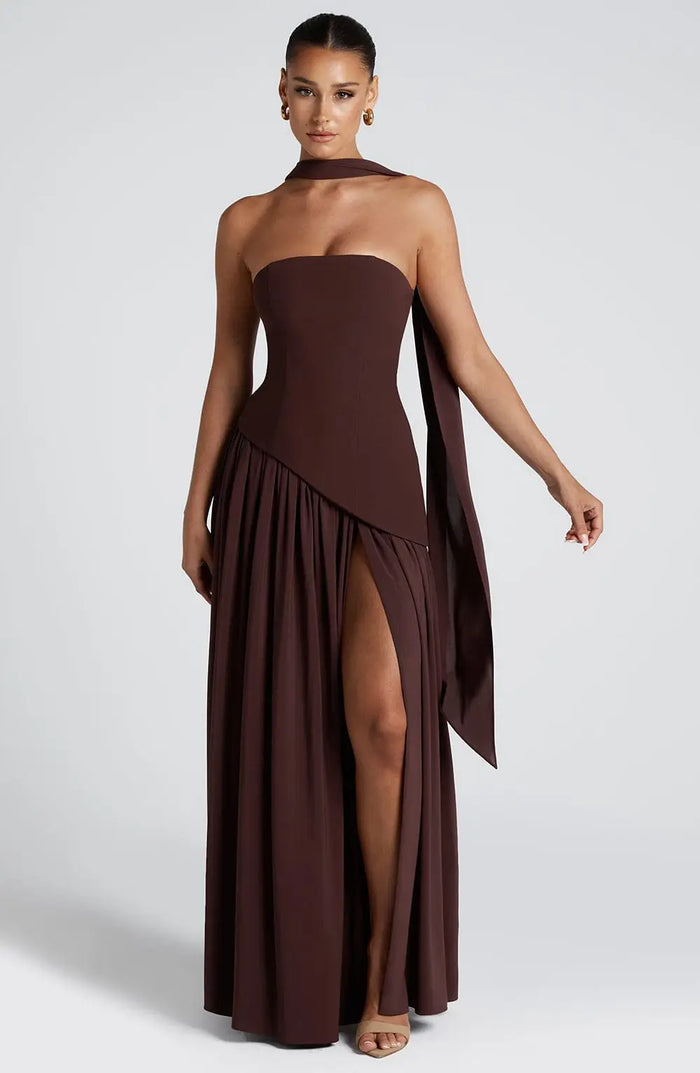Elegant strapless women's chiffon maxi dress by LondonLaneStore, perfect for summer formal occasions.