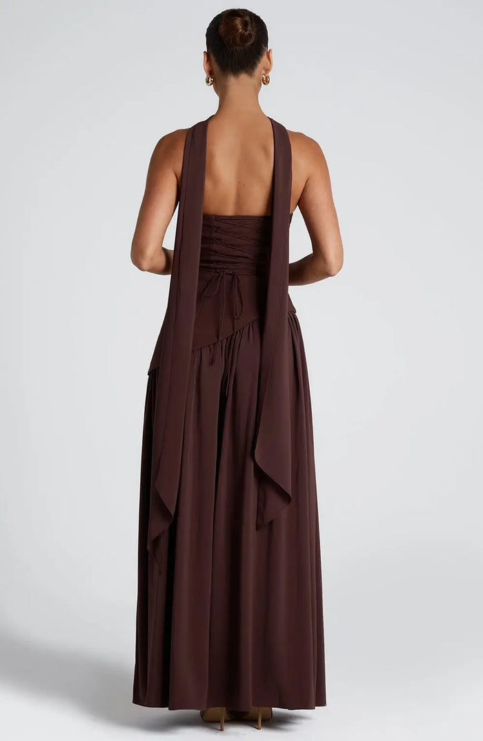 Women’s non-stretch chiffon maxi dress by LondonLaneStore, strapless summer formal gown with flowing fabric and elegant silhouette.
