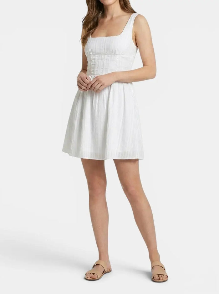 White women's mini summer dress with square neckline and ruffles, made from organic cotton, by LondonLaneStore.