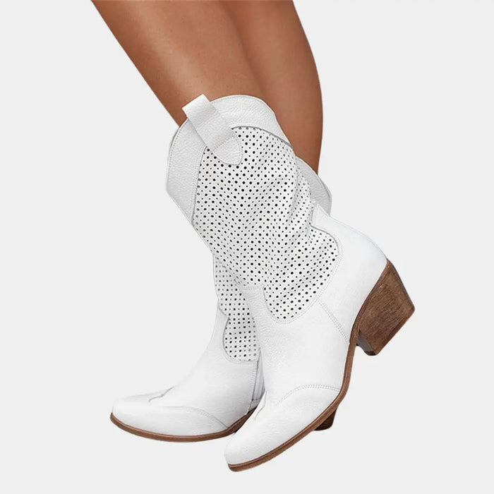 Women's perforated leather cowboy boots by LondonLaneStore featuring stylish mid-calf Western footwear with intricate perforation details.