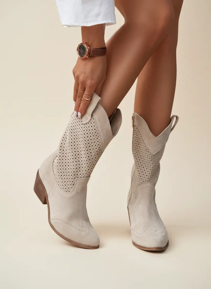 Women's perforated leather cowboy boots with stylish mid-calf design and Western-inspired details from LondonLaneStore.