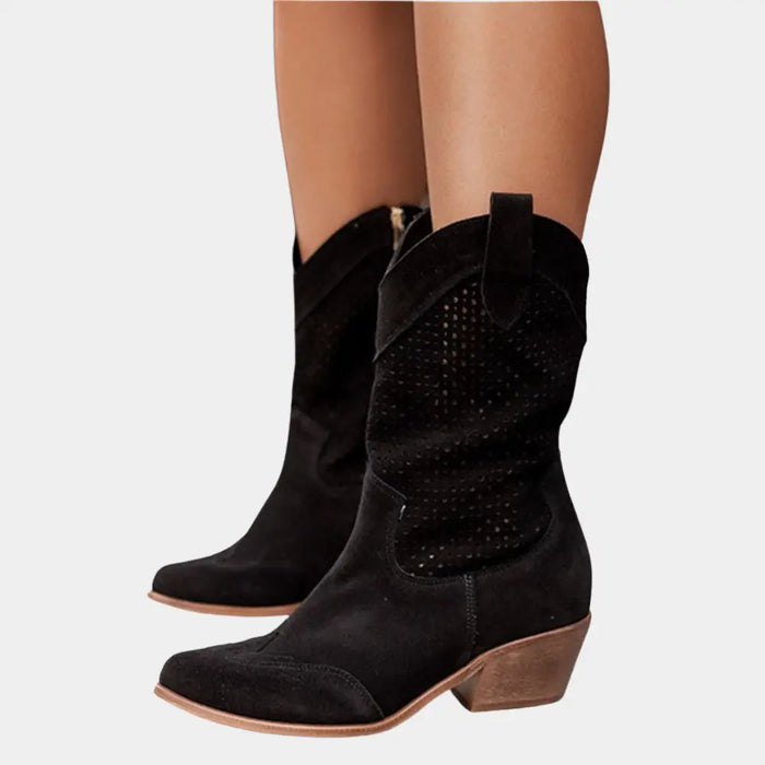 Women's perforated leather cowboy boots with stylish mid-calf Western design, featuring intricate cutouts and a classic Western silhouette.