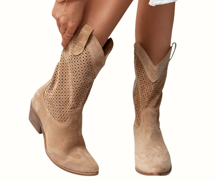Women’s perforated leather cowboy boots with stylish mid-calf design and western-inspired details from LondonLaneStore.