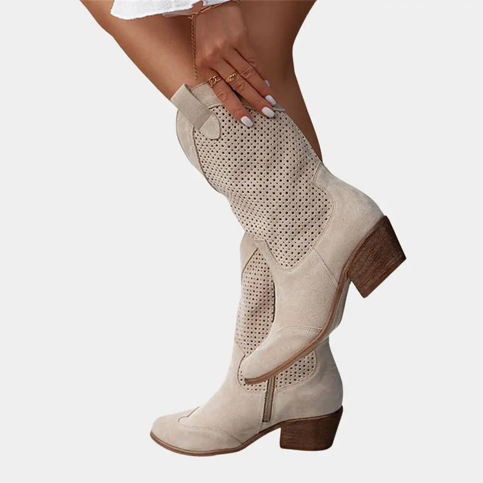 Women’s perforated leather cowboy boots by LondonLaneStore featuring stylish mid-calf western footwear with decorative perforations.
