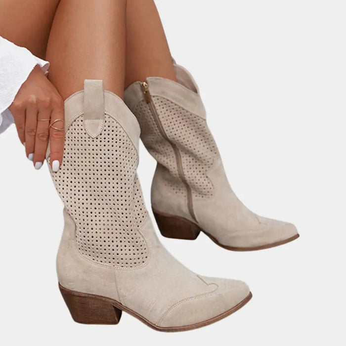 Women's perforated leather cowboy boots by LondonLaneStore, stylish mid-calf Western footwear with decorative perforations and western design.