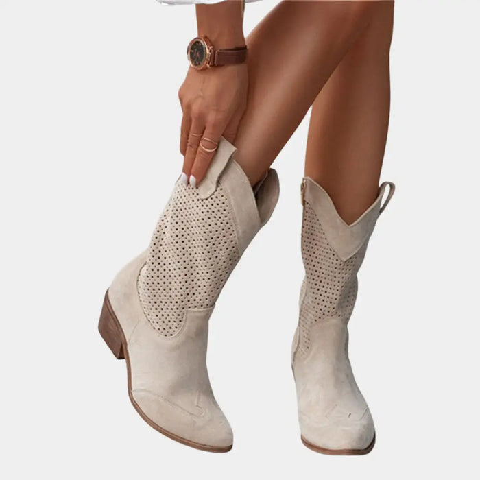 Women's perforated leather cowboy boots with stylish mid-calf design and Western-inspired details from LondonLaneStore.