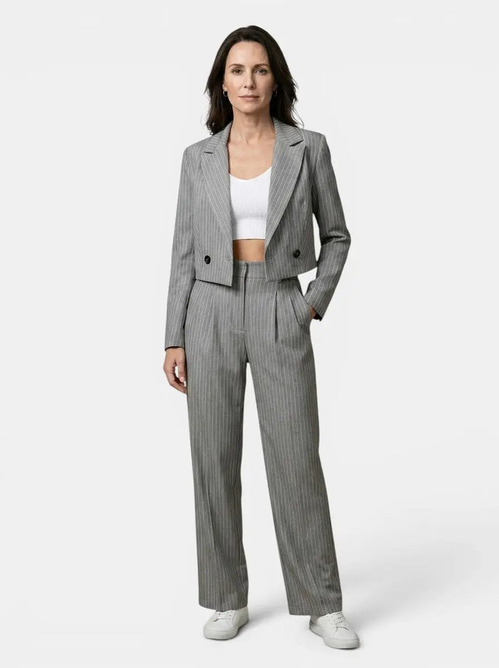 Women's pinstripe suit from LondonLaneStore featuring a tailored cropped blazer and wide-leg trousers, perfect for professional looks.