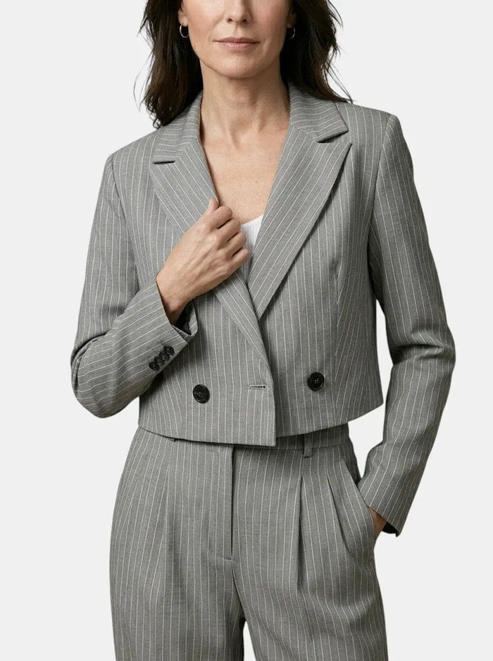 Women's pinstripe suit featuring a tailored cropped blazer and wide-leg trousers, stylish and professional from LondonLaneStore.