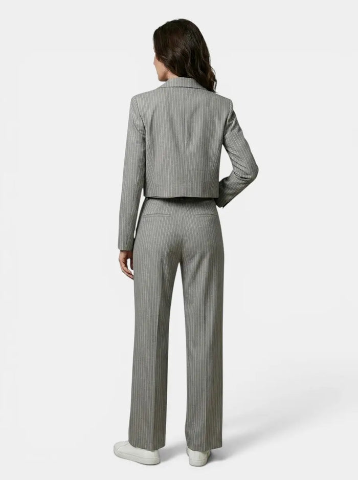 Women's pinstripe suit with tailored cropped blazer and wide-leg trousers, stylish and professional officewear from LondonLaneStore.