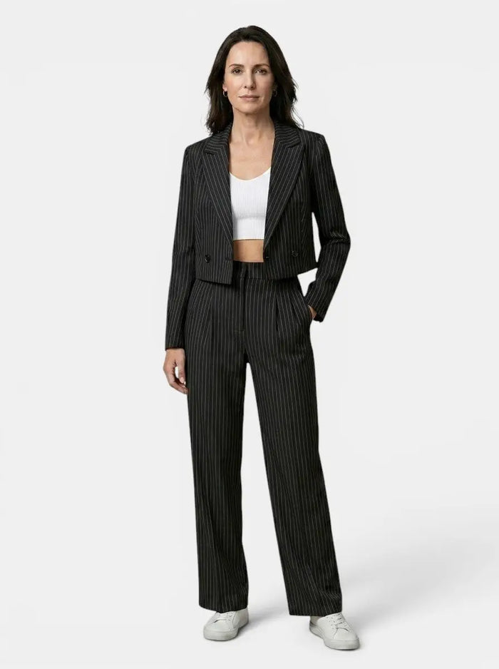 Women's pinstripe suit featuring a tailored cropped blazer and wide-leg trousers, stylish office-ready ensemble from LondonLaneStore.