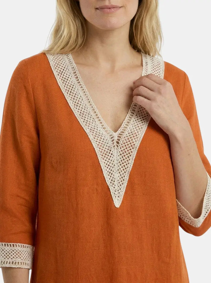Women's knee-length woven dress with round neck and short sleeves from LondonLaneStore, featuring a simple, elegant design.
