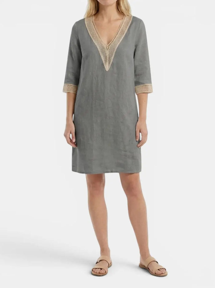 Women's plain woven knee-length dress with elegant round neck and short sleeves, casual chic outfit by LondonLaneStore.
