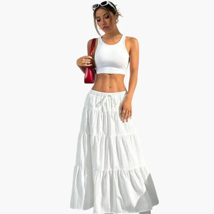 Women's plain woven midi skirt with lace-up waist design, perfect for casual wear from LondonLaneStore.