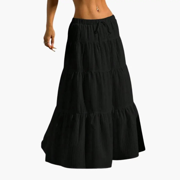 Women’s plain woven midi skirt with a lace-up waist design, perfect for casual wear, styled by LondonLaneStore.