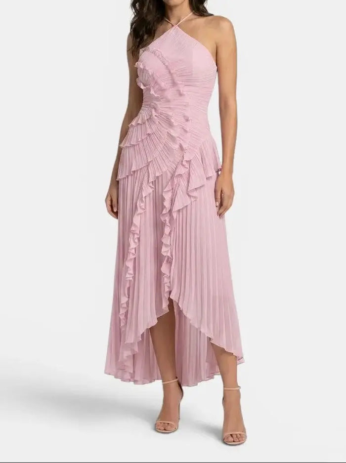 Women's pleated fabric maxi dress with ruffled halter neckline, elegant summer gown in a flowing design by LondonLaneStore.