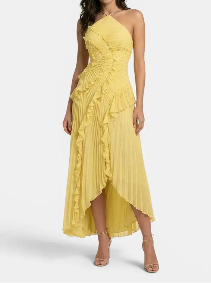 Women's pleated fabric maxi dress with ruffled halter neckline, elegant summer gown in vibrant fabric, by LondonLaneStore.