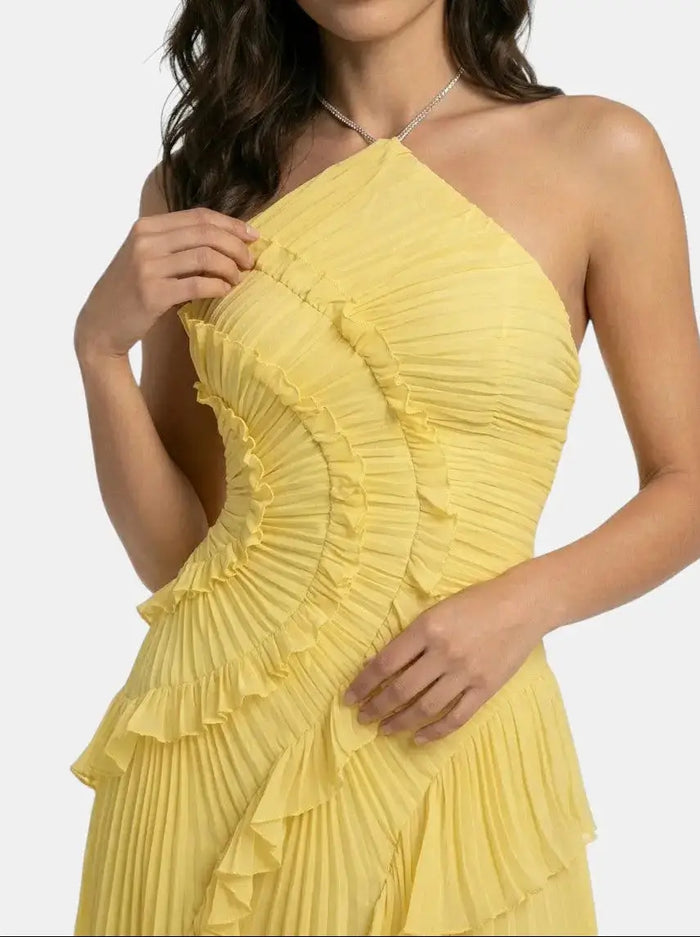 Women's pleated fabric maxi dress with ruffled halter neckline, perfect for summer, by LondonLaneStore.