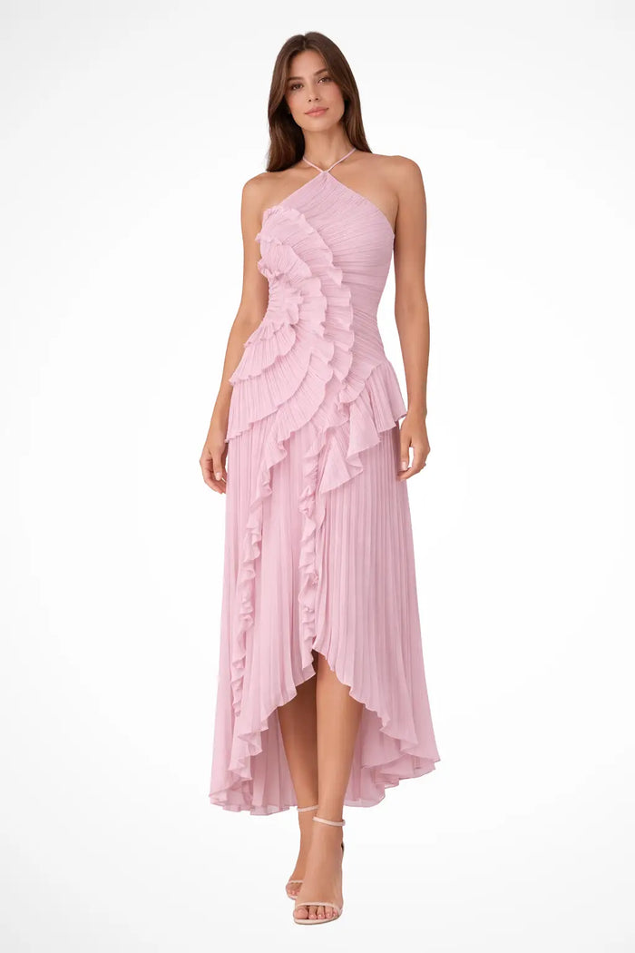 Women’s pleated fabric maxi dress with layered ruffle halter neckline, stylish and flowing for elegant summer wear.