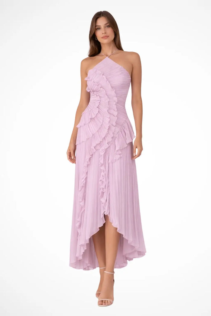 Women’s pleated fabric maxi dress with layered ruffle halter neckline, elegant and flowing style from LondonLaneStore.
