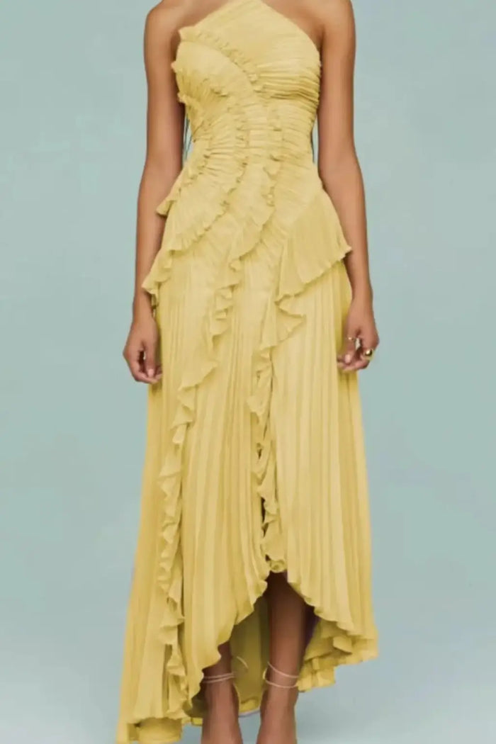 Women’s pleated fabric maxi dress with layered ruffle halter neckline, stylish and flowing, by LondonLaneStore.