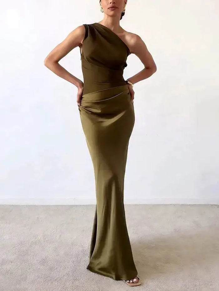 Women’s pleated maxi dress by LondonLaneStore featuring an elegant asymmetric one-shoulder design for summer wear.